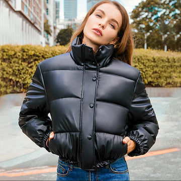Windbreaker Crop Padded Vegan Leather Jacket - SunsetFashionLA